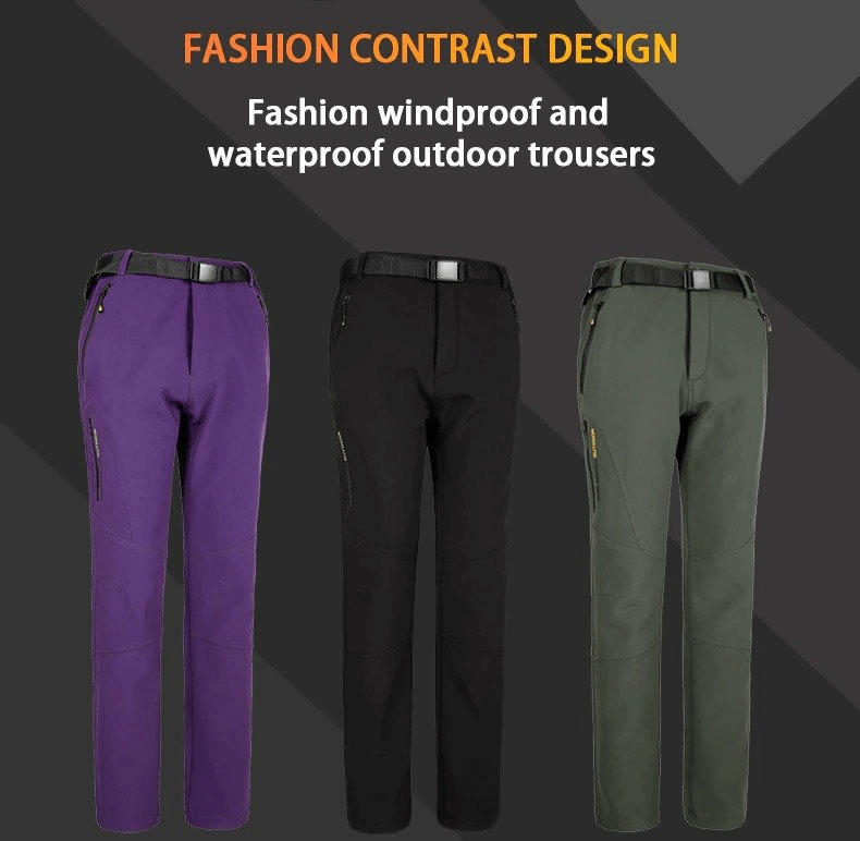 Windproof waterproof hiking pants for women in purple, black, and green, featuring fleece lining and durable design.